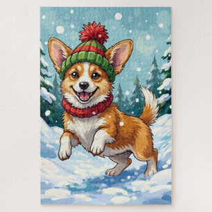 Joyful Corgi Dog Bouncing in Snow with Pom Pom Jigsaw Puzzle