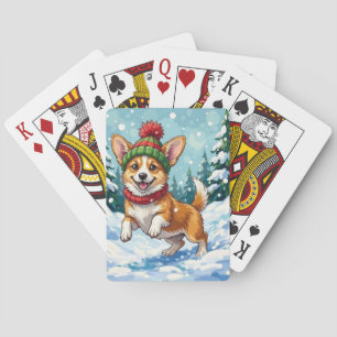 Joyful Corgi Dog Bouncing in Snow with Pom Pom Playing Cards