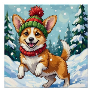 Joyful Corgi Dog Bouncing in Snow with Pom Pom Poster