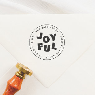 Joyful Cute Modern Round Christmas Family Address Rubber Stamp