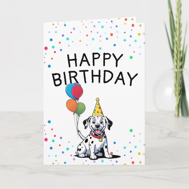 Joyful Dalmatian Pup with Balloons Birthday Card (Front)