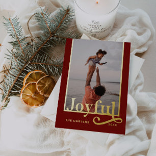 Joyful Dark Burgundy Bold Typography Photo Foil Holiday Card
