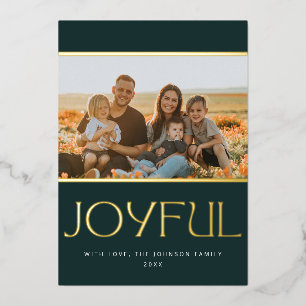 Joyful Dark Pine Green and Gold Photo Foil Holiday Card