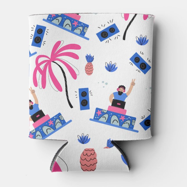 Joyful DJ, tropical beach pattern. Can Cooler (Front)