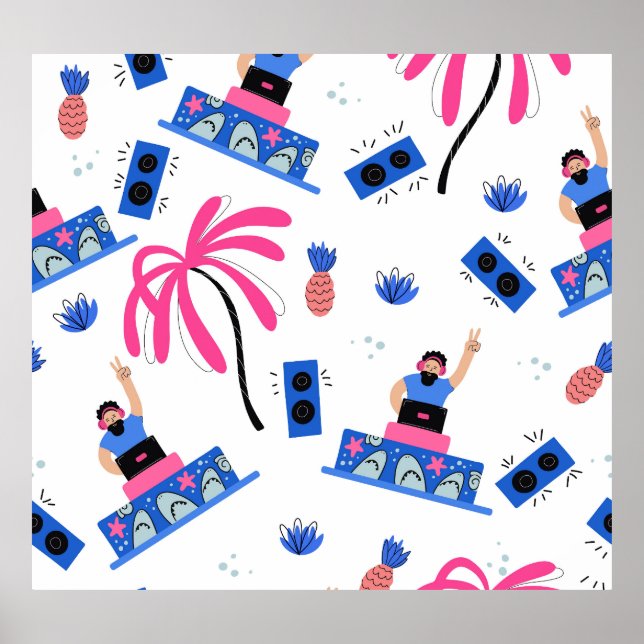 Joyful DJ, tropical beach pattern. Poster (Front)