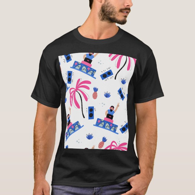 Joyful DJ, tropical beach pattern. T-Shirt (Front)