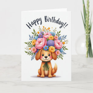 Joyful Dog Floral Birthday Card