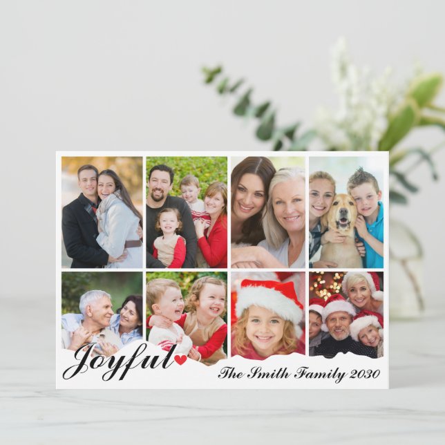 Joyful Eight Photo Elegant Black & White Christmas Holiday Card (Standing Front)