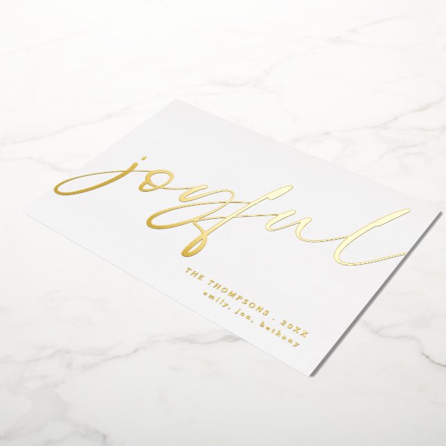 Joyful Elegant Calligraphy Name Christmas White Foil Holiday Card (Rotated)