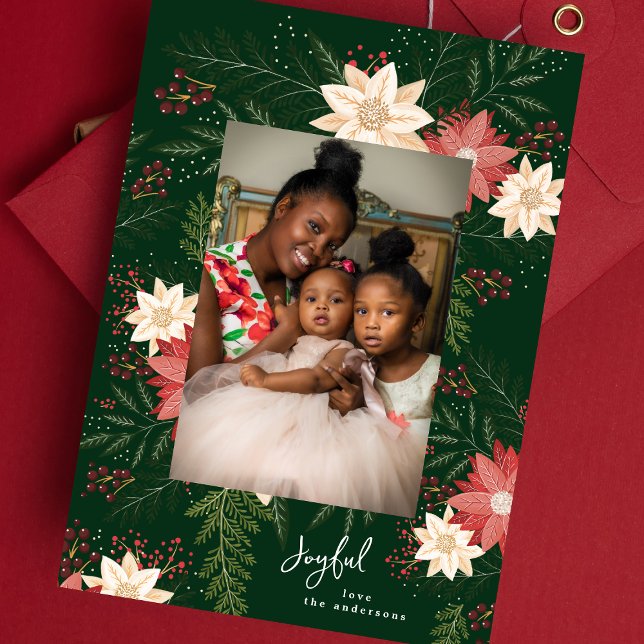 Joyful | Elegant Merry Poinsettia Splendour Holiday Card (Creator Uploaded)