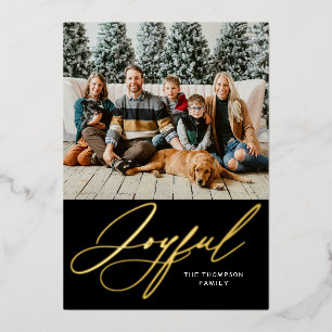Joyful Elegant Personalised Gold Black Photo Foil Holiday Card