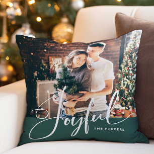 Joyful   Elegant Script and Photo Christmas Green Cushion