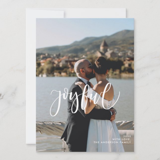 Joyful | Elegant Script and Photo Christmas Holiday Card (Front)