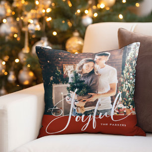 Joyful Elegant Script and Photo Christmas Red Cushion