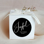 Joyful | Elegant Script Black Christmas Classic Round Sticker<br><div class="desc">These elegant,  dark black Christmas holiday stickers say "Joyful" in modern white script calligraphy.</div>