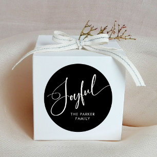 Joyful   Elegant Script Black Christmas Classic Round Sticker