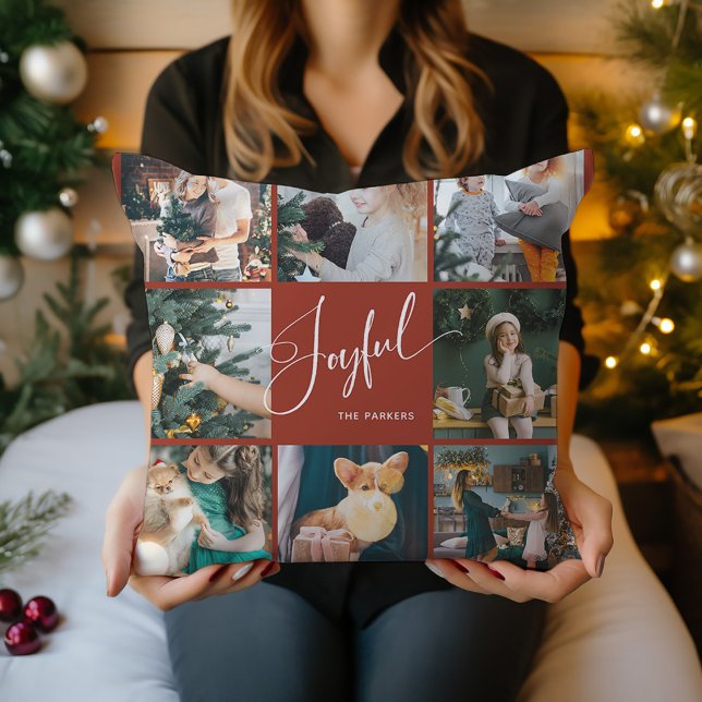Joyful | Elegant Script Multi Photo Christmas Cushion (A pretty red Christmas pillow that says "Joyful" in elegant script, with eight of your photos)