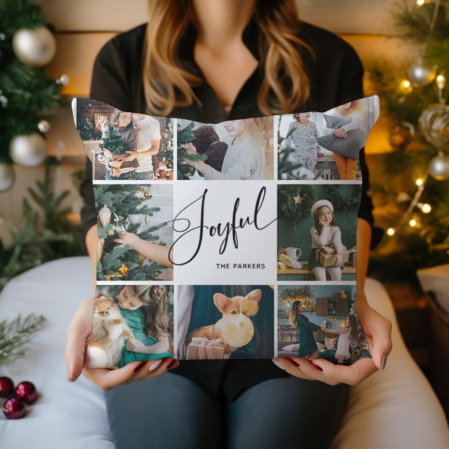Joyful | Elegant Script Multi Photo Christmas Cushion (A black and white Christmas pillow that says "Joyful" in elegant script, with eight of your photos)