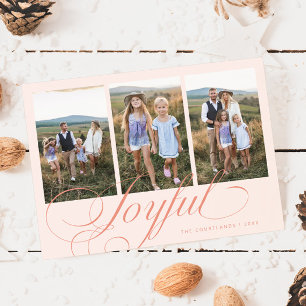 Joyful Elegant Script Peach Multi Photo Holiday Card