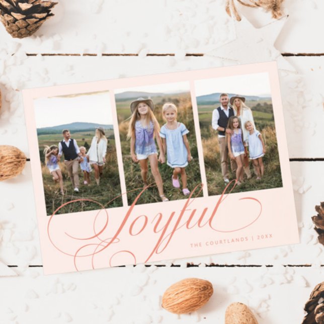 Joyful Elegant Script Peach Multi Photo Holiday Card (Creator Uploaded)