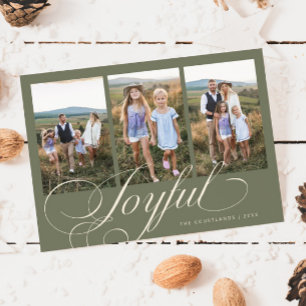 Joyful Elegant Script Sage Green Photo Holiday Card