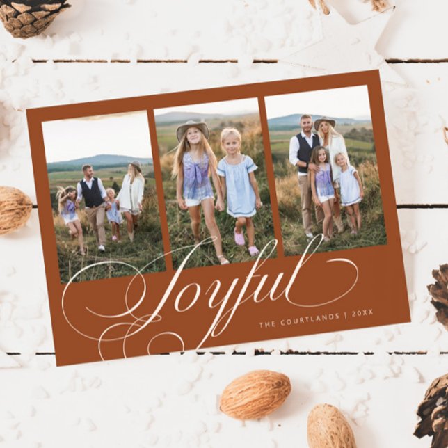 Joyful Elegant Script Terracotta Photo Holiday Card (Creator Uploaded)