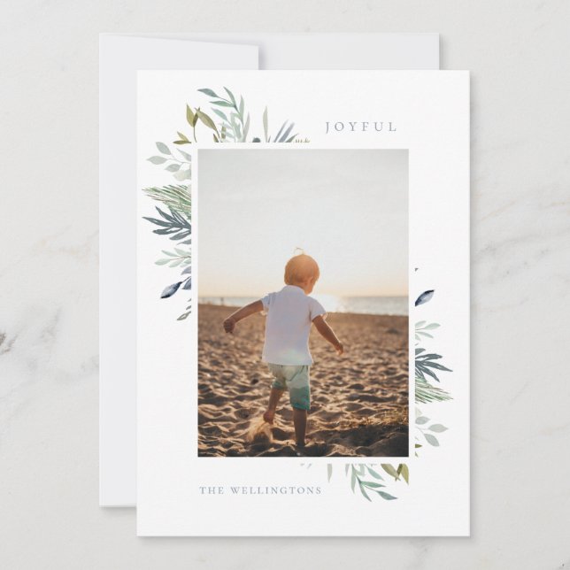 Joyful Elegant Winter Foliage Single Photo Holiday Card (Front)