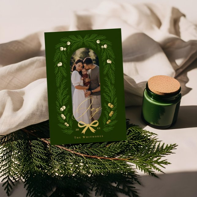 Joyful Elegant Winter Pine Tree Wreath Photo Frame Foil Holiday Card (Joyful Elegant Winter Pine Tree Wreath Photo Frame Foil Holiday Card)