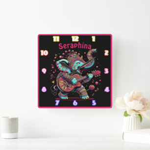 Joyful elephant playing guitar in vibrant festival square wall clock