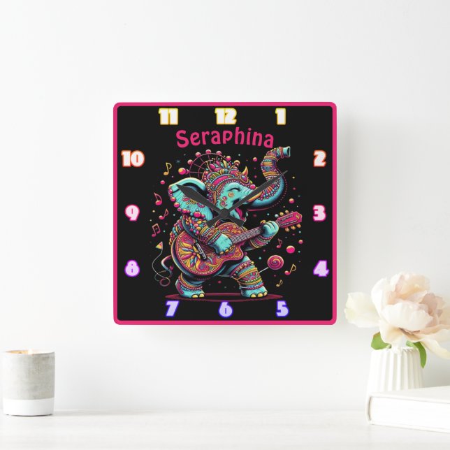 Joyful elephant playing guitar in vibrant festival square wall clock (Home)