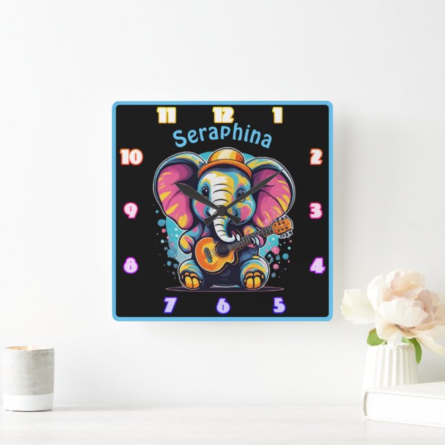 Joyful elephant strumming a guitar square wall clock (Home)