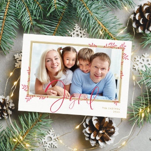 JOYFUL FAMILY PHOTO elegant botanical red gold Holiday Card