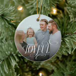 Joyful Family Photo Year Modern Typography Holiday Ceramic Ornament