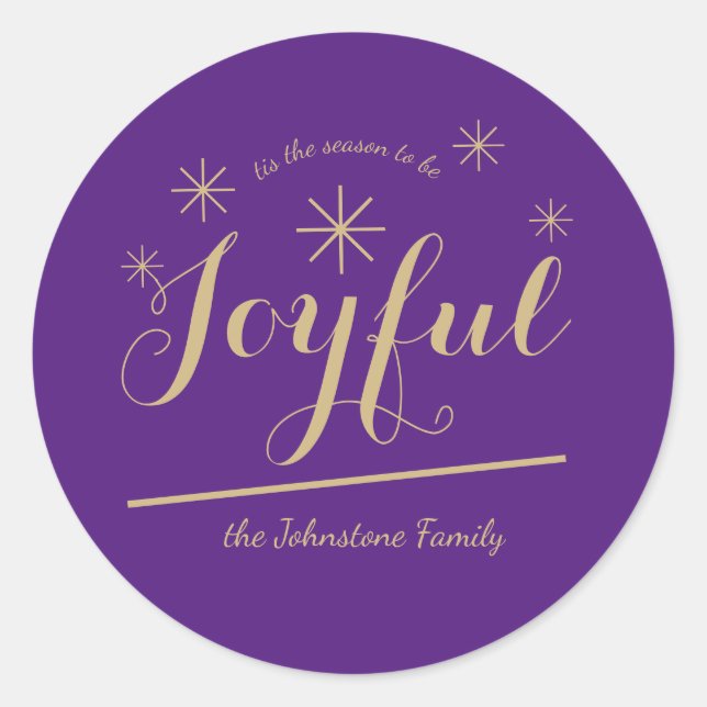 Joyful Festive Family Name Modern Chic Holiday Classic Round Sticker (Front)