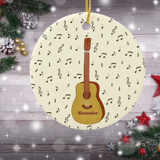 Joyful Festive Guitarist Music Note Design Ceramic Ornament (Guitar With Music Notes Personalized Ceramic Ornament)