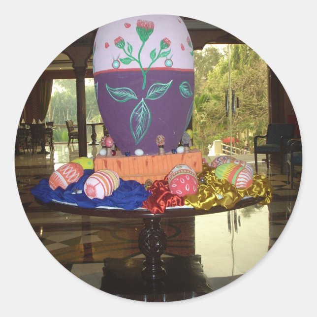 Joyful Festive Springtime Easter Colourful Eggs Ar Classic Round Sticker (Front)