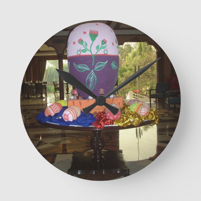 Joyful Festive Springtime Easter Colourful Eggs Ar Round Clock (Front)