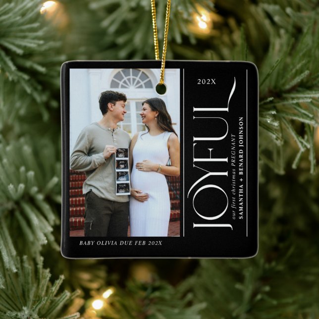 Joyful First Christmas Pregnant Photo Couple Ceramic Ornament (Tree)