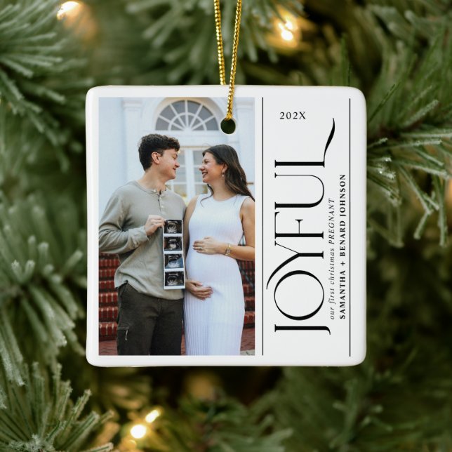 Joyful First Christmas Pregnant Photo Couple Ceramic Ornament (Tree)