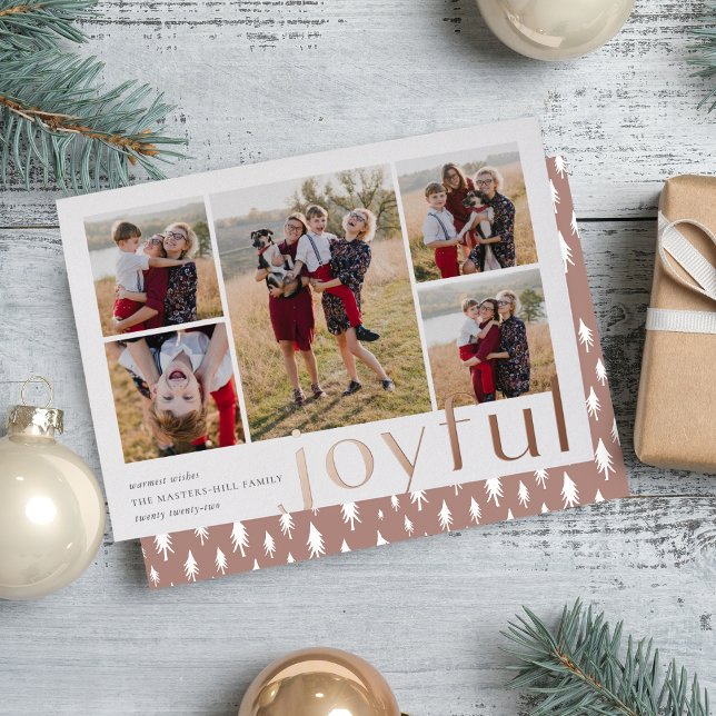 Joyful Five Photo Rose Gold Foil Holiday Card (Creator Uploaded)