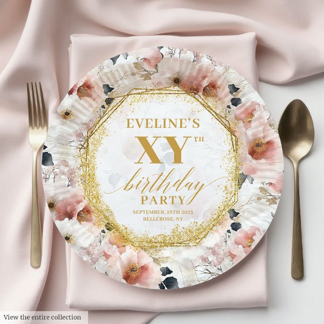 Joyful Floral Dusty Pink Birthday Paper Plates (Joyful Floral Dusty Pink Birthday Paper Plates)