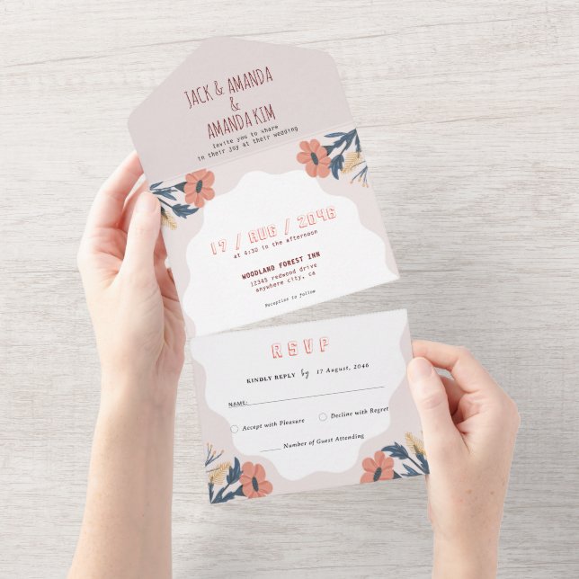 Joyful Floral Pink Retro Wedding All in one RSVP Invitation (Tearaway)