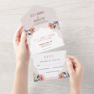 Joyful Floral Pink Retro Wedding All in one RSVP Invitation