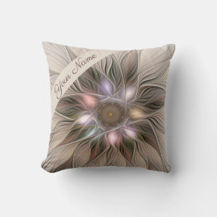 Joyful Flower Abstract Art Beige Brown Floral Name Cushion