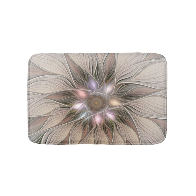 Joyful Flower Abstract Beige Brown Floral Fractal Bath Mat (Front)