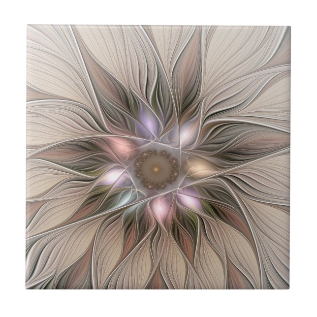 Joyful Flower Abstract Beige Brown Floral Fractal Ceramic Tile (Front)