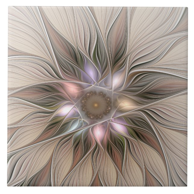 Joyful Flower Abstract Beige Brown Floral Fractal Ceramic Tile (Front)