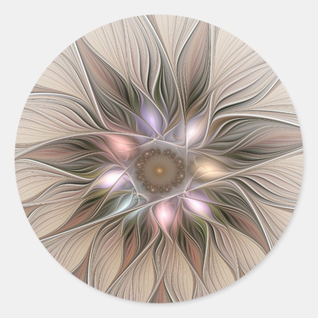 Joyful Flower Abstract Beige Brown Floral Fractal Classic Round Sticker (Front)