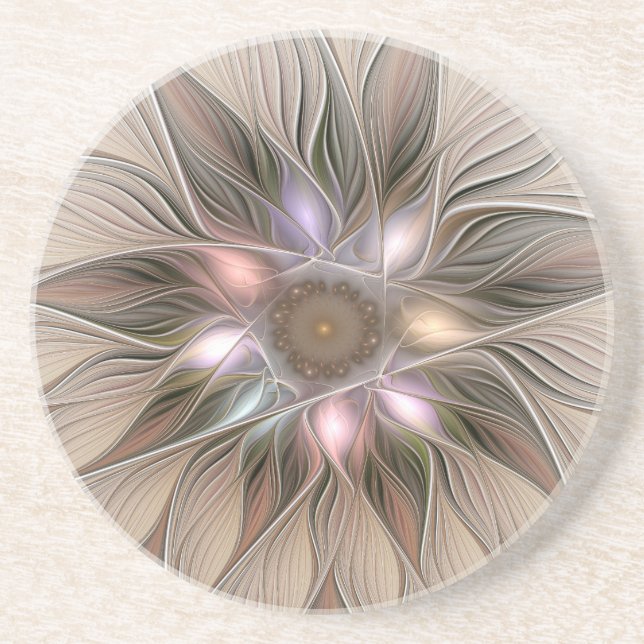 Joyful Flower Abstract Beige Brown Floral Fractal Coaster (Front)