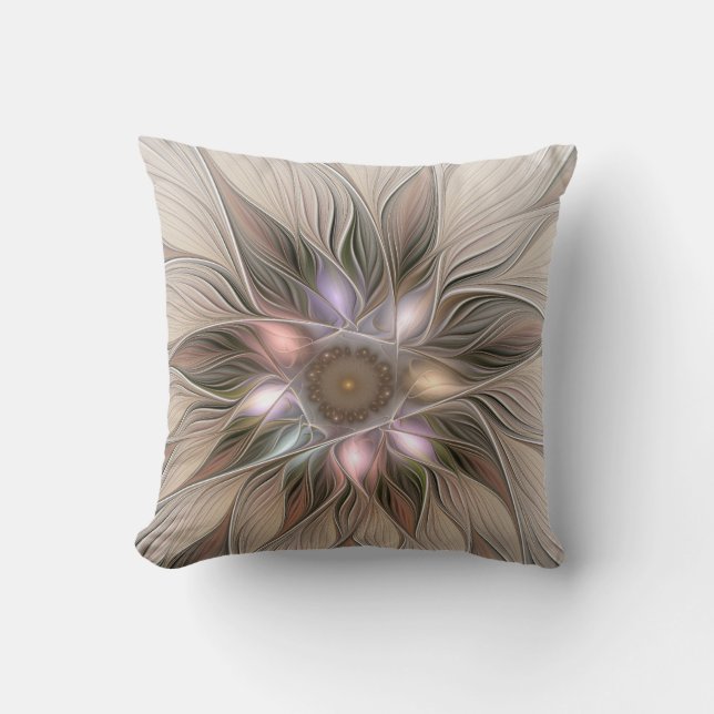 Joyful Flower Abstract Beige Brown Floral Fractal Cushion (Front)